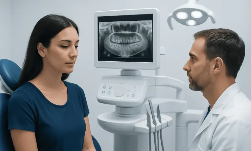 Dentist explaining wisdom teeth X-ray to patient in clinic.