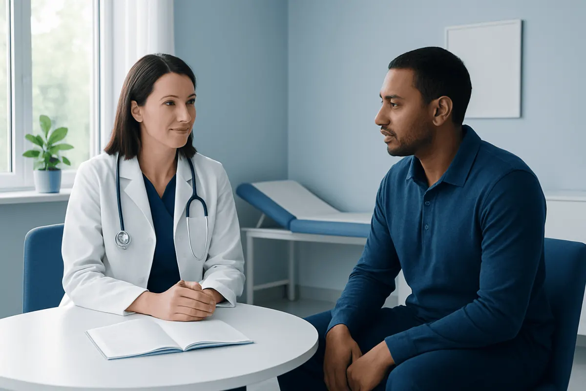 Doctor consulting with patient in a medical office setting.