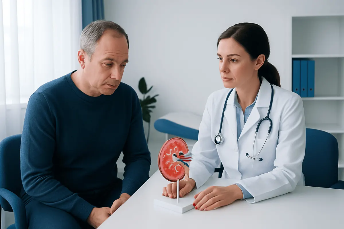 Doctor explaining kidney health to a patient with a kidney model.