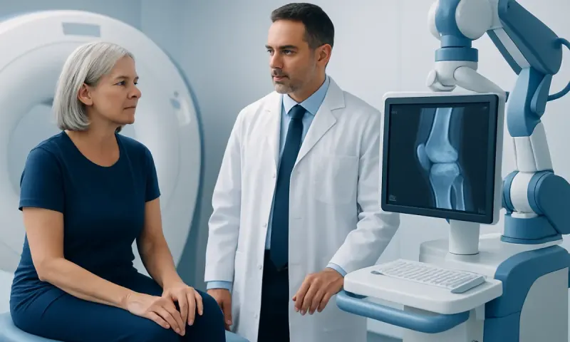 Doctor explaining knee X-ray to a patient in a hospital setting.