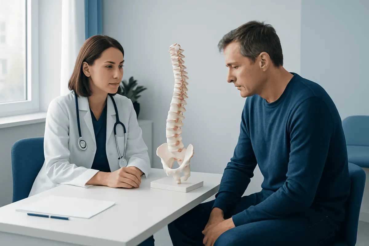 Doctor explaining spinal model to patient in a consultation room.