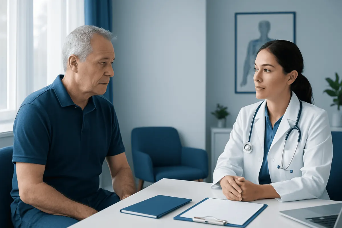 Doctor consulting with an elderly male patient in a medical office.