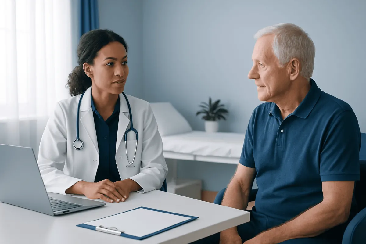 Doctor consulting with an elderly male patient in a medical office.