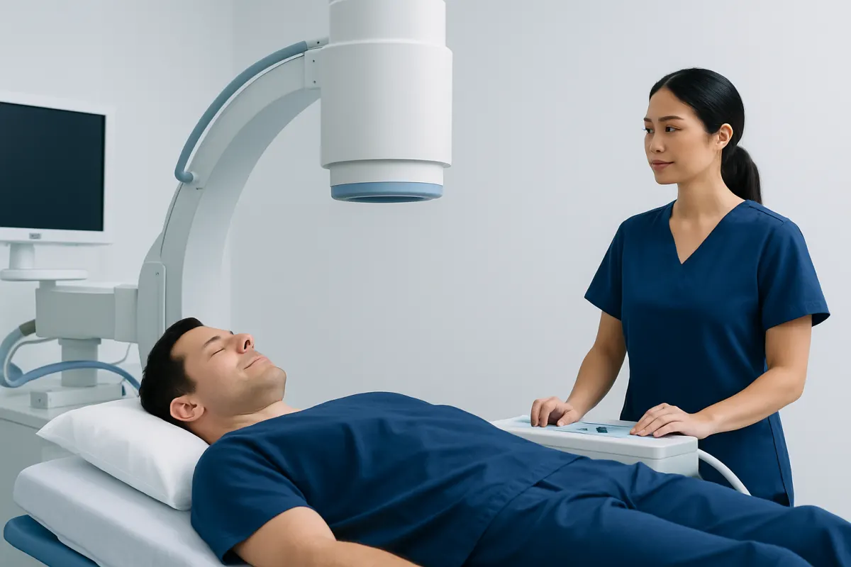 Medical professional preparing patient for lithotripsy procedure in hospital.