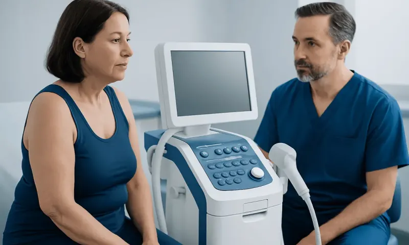 Medical consultation for skin tightening with ultrasound device at Acibadem Hospital.