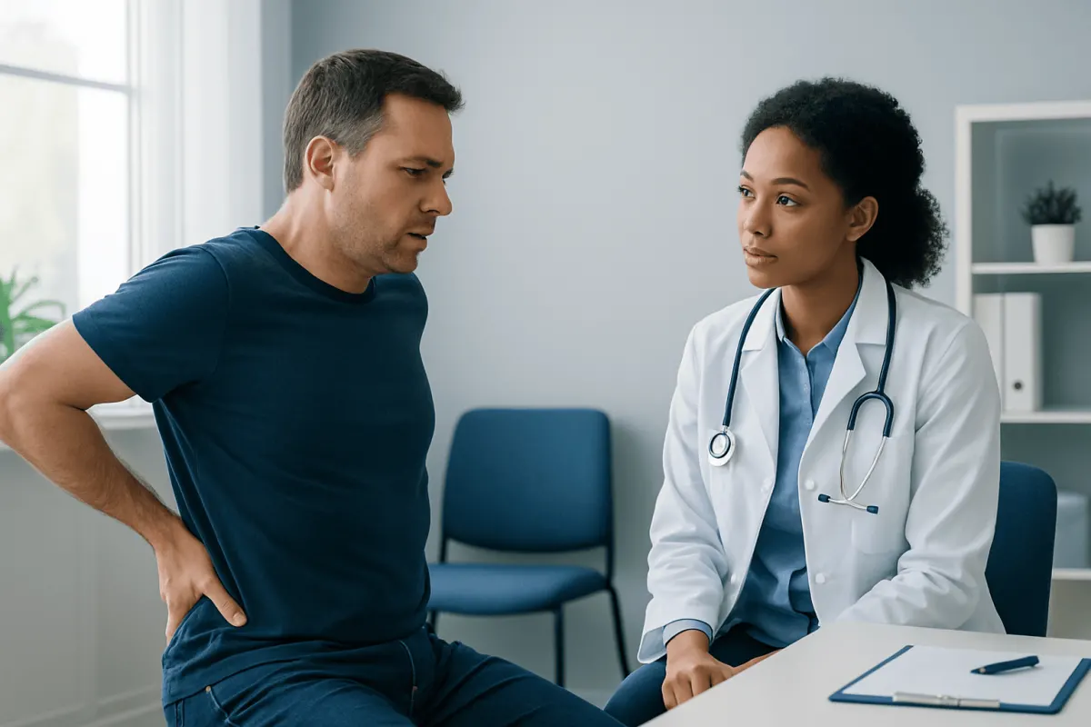 Doctor consulting with a male patient about lumbar health in a clinic setting.