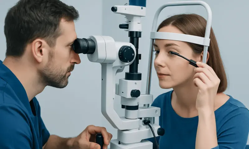 Optometrist performing eye examination with slit lamp at Acibadem Hospital.