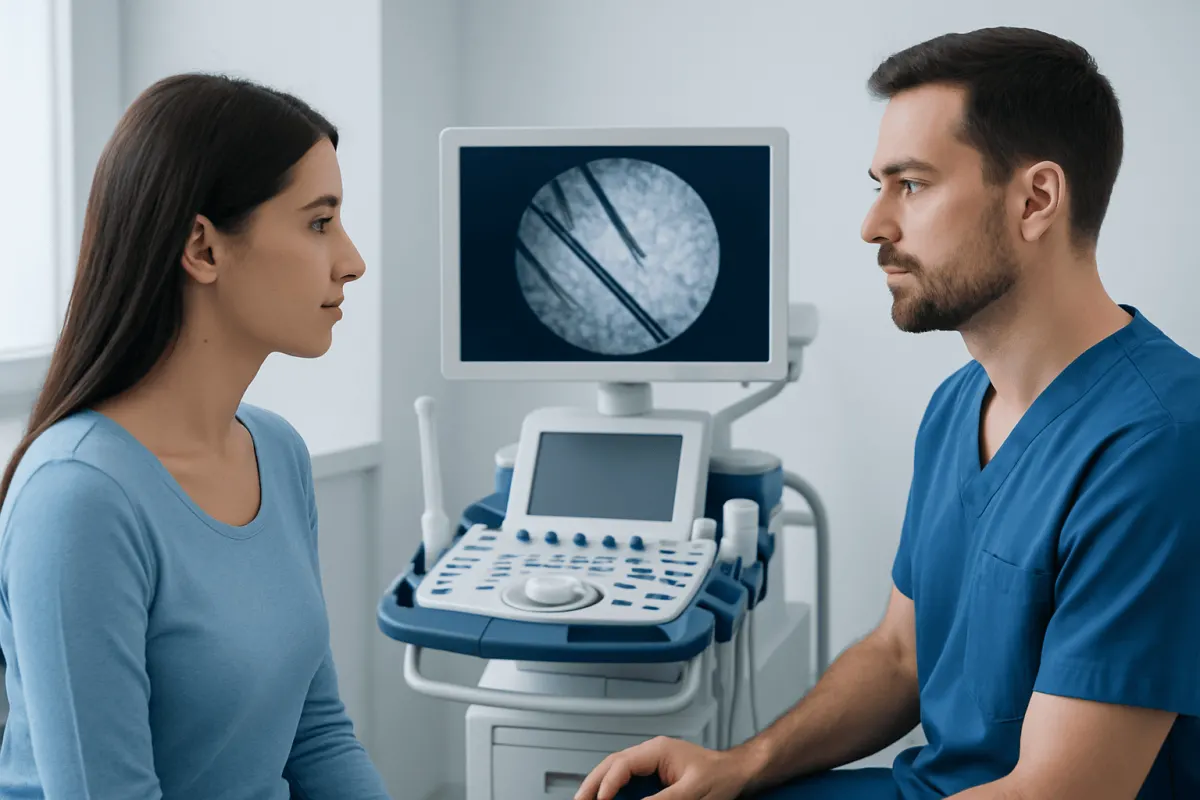 Doctor and patient discussing scalp examination for dandruff or scalp issues.