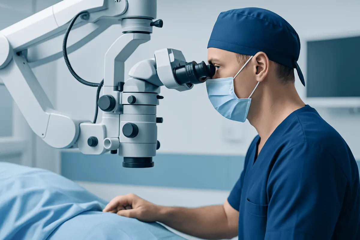 Surgeon performing ear surgery using a microscope at Acibadem Hospital.