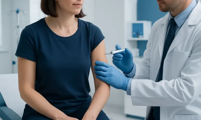 Medical professional administering an intramuscular injection to a patient in a clinical setting.