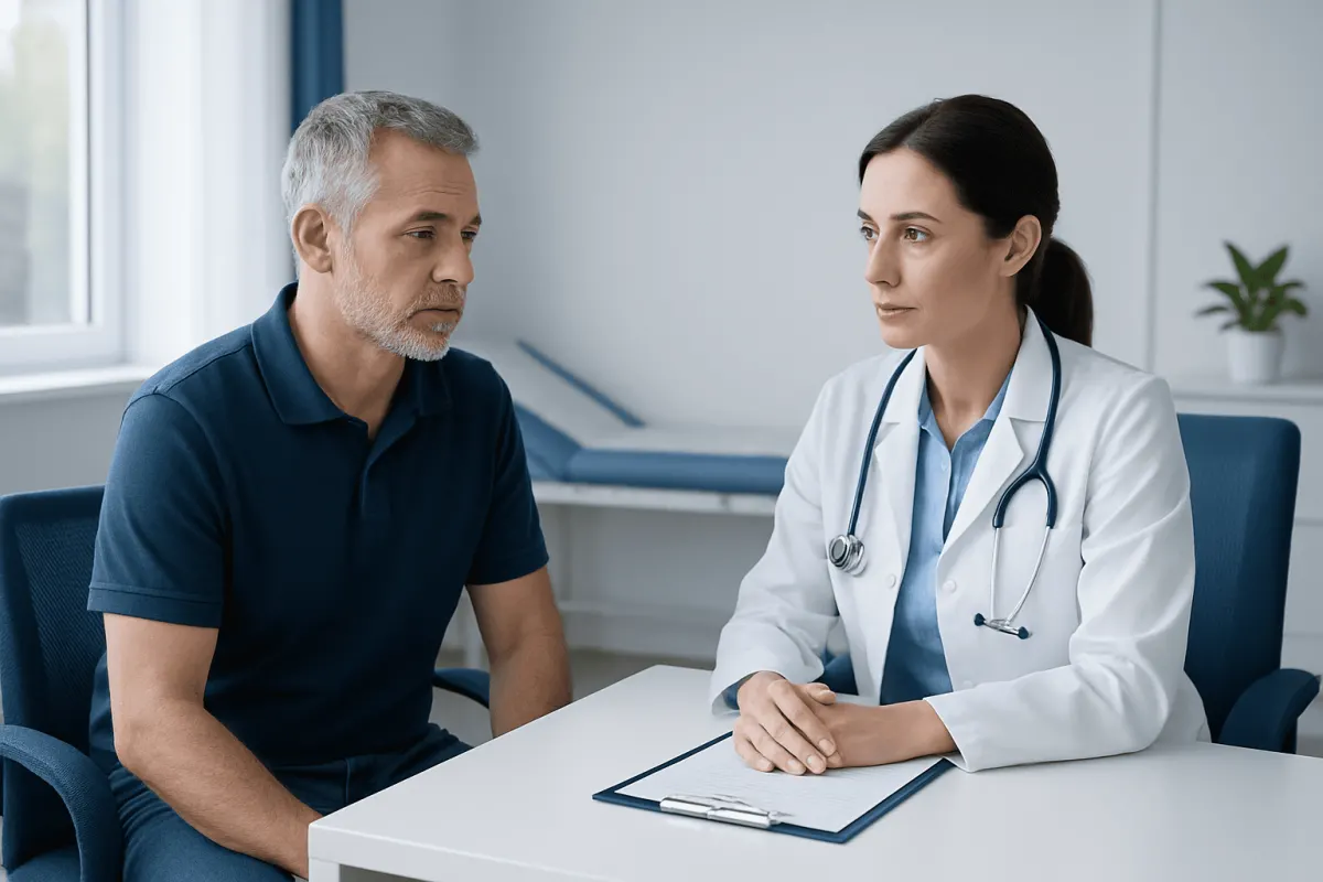 Doctor consulting with middle-aged male patient in a medical office.