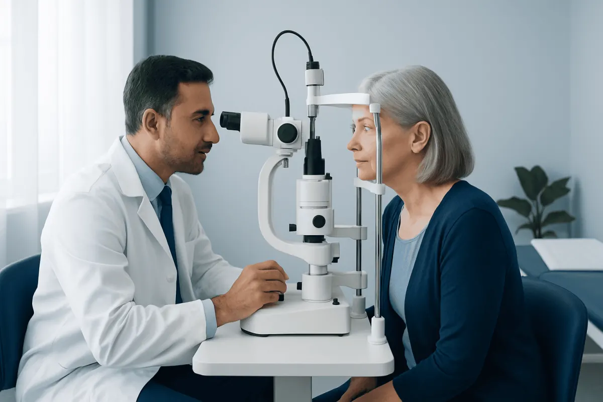 Ophthalmologist performs slit lamp exam on elderly woman in clinic.