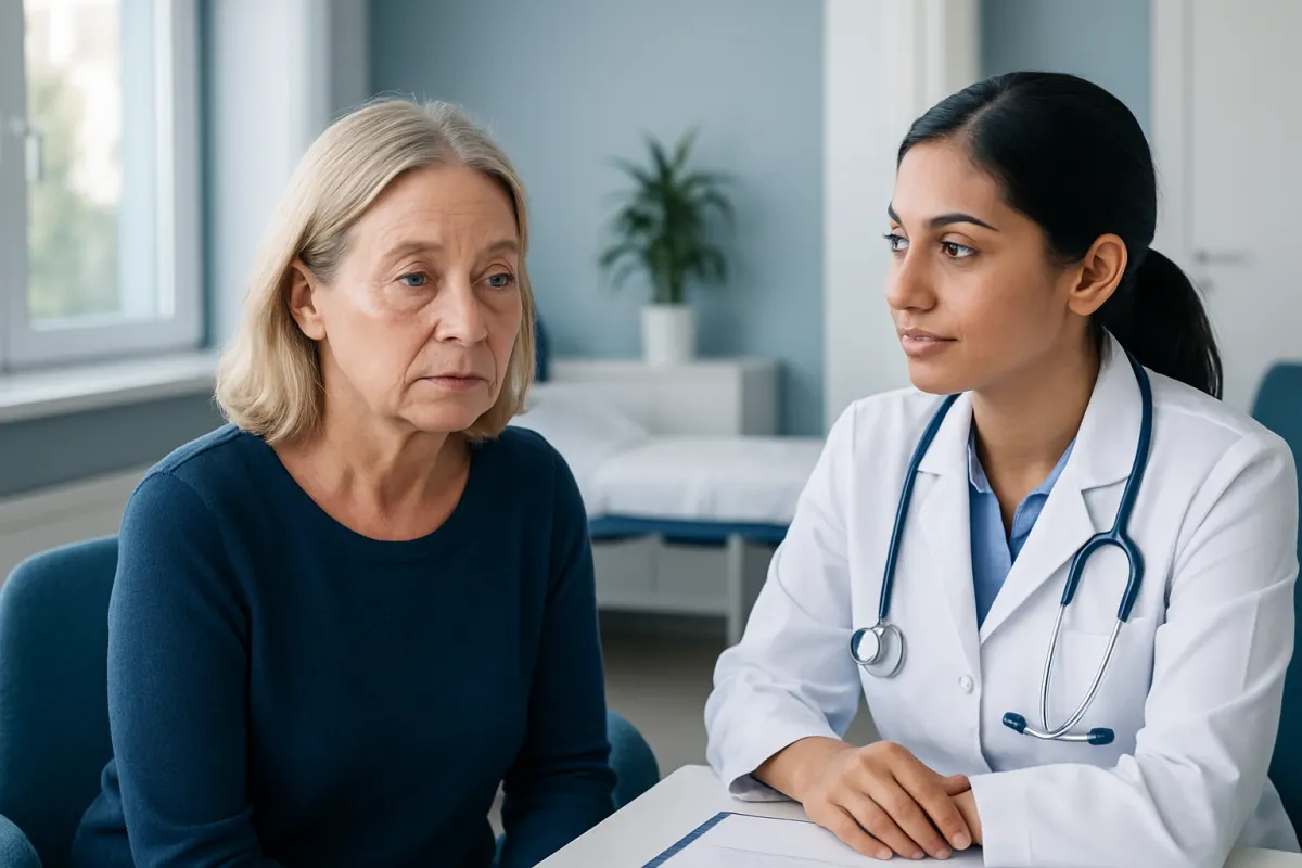 Doctor consulting with an elderly woman in a medical office setting.