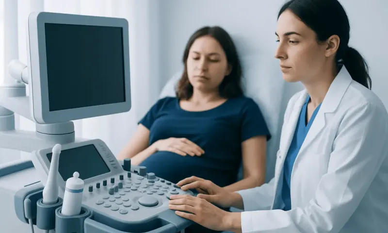 Medical professional performs ultrasound on pregnant woman in hospital.