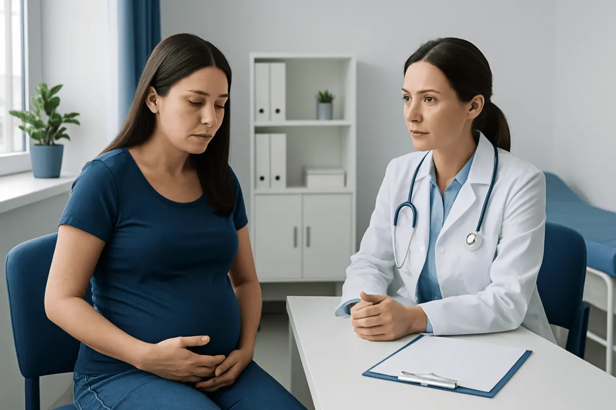 Pregnant woman consulting with a doctor in a medical office.