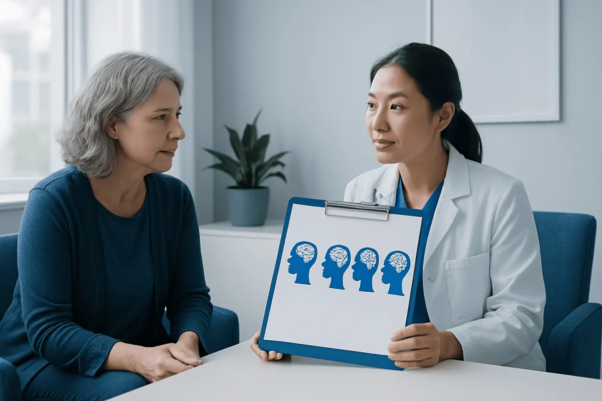 Doctor explaining brain tumor stages to a patient with visual aids.