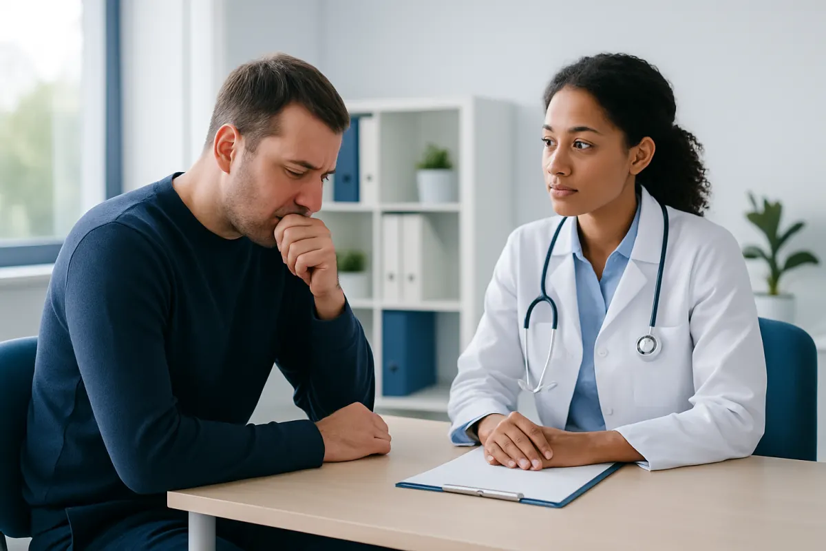 Doctor consulting with patient in a medical office setting.