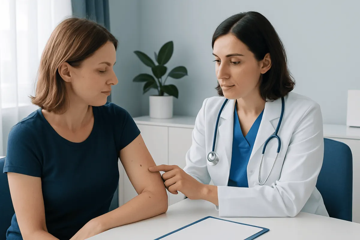 Doctor examining patient's skin for nevus or mole assessment.
