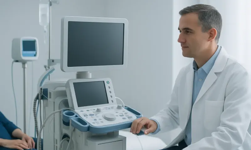 Medical professional using ultrasound equipment in a hospital setting.