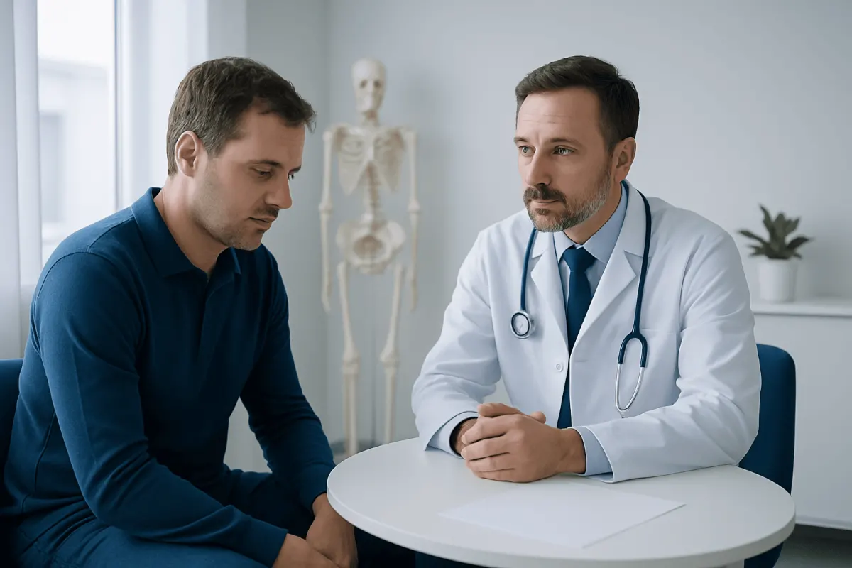 Doctor consulting with a patient about muscle weakness in a medical office.