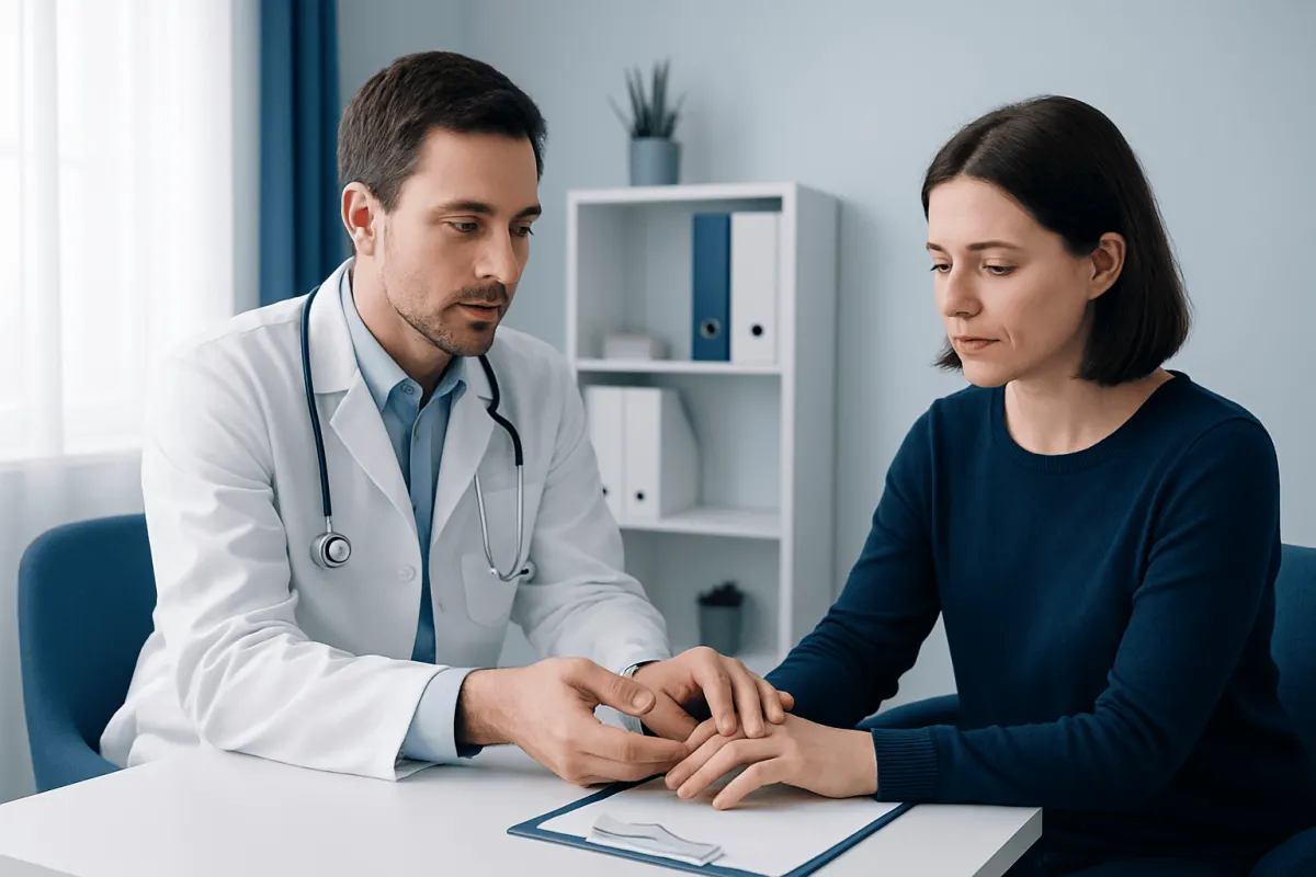 Doctor examining patient's hand in a consultation room.