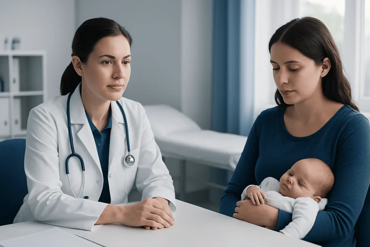 Doctor consulting with mother and newborn in hospital setting.
