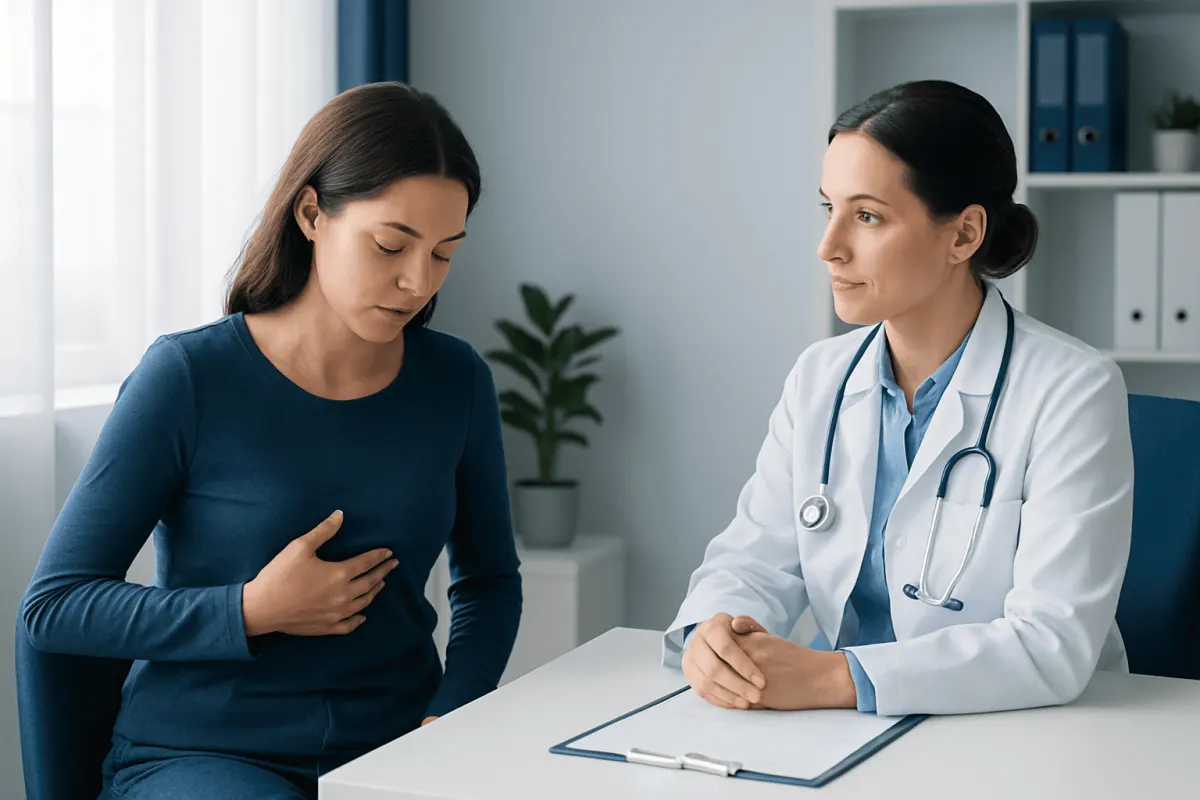 Doctor consulting with a patient about breast health in a modern clinic.