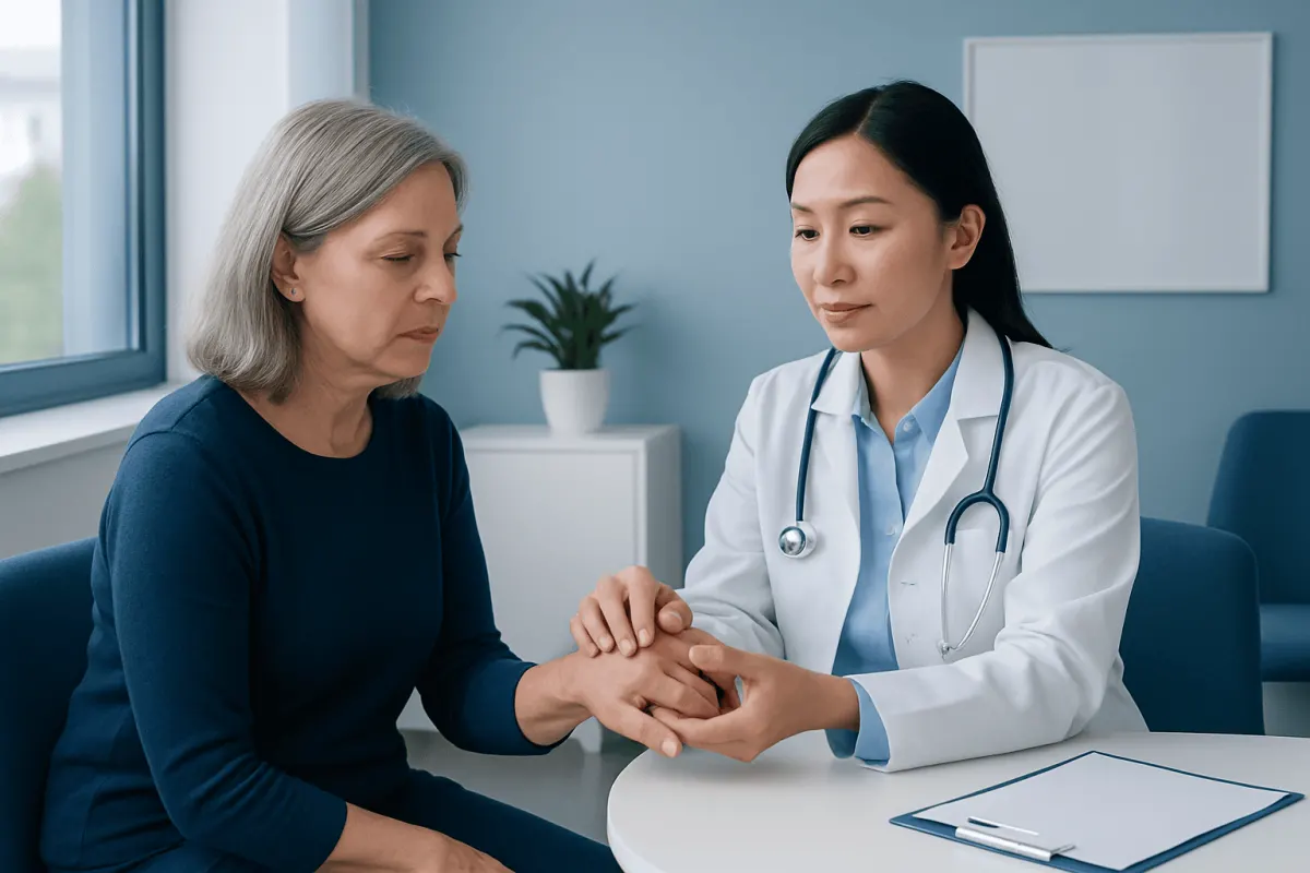 Doctor examining a patient's hand in a medical consultation room.
