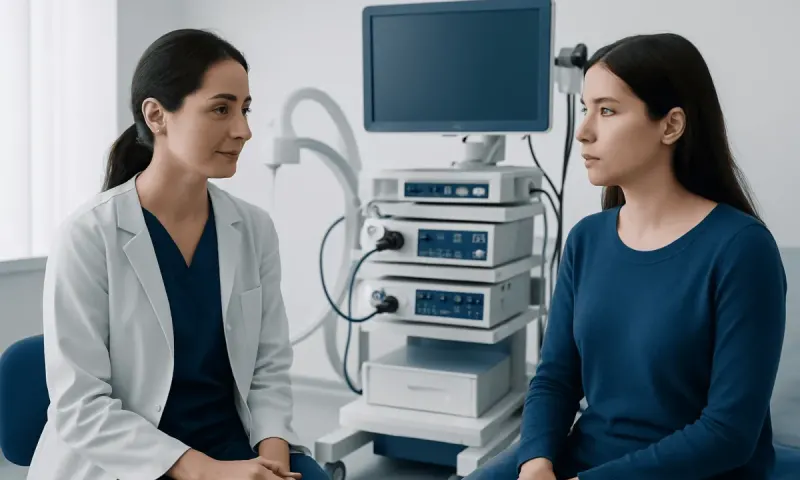 Doctor consulting patient in a medical examination room with diagnostic equipment.