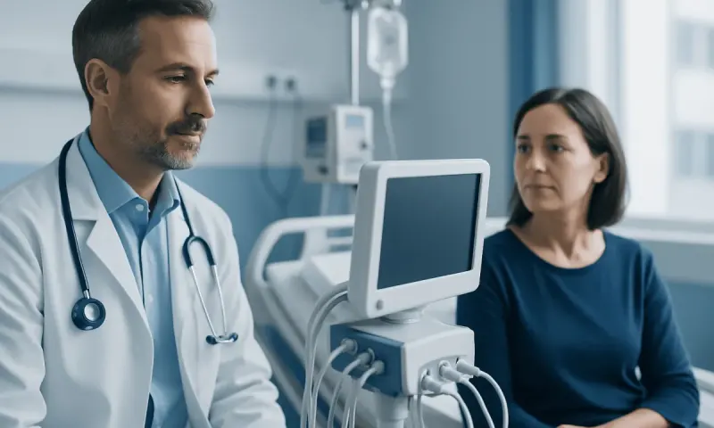 Doctor consulting with patient in hospital room with medical equipment.