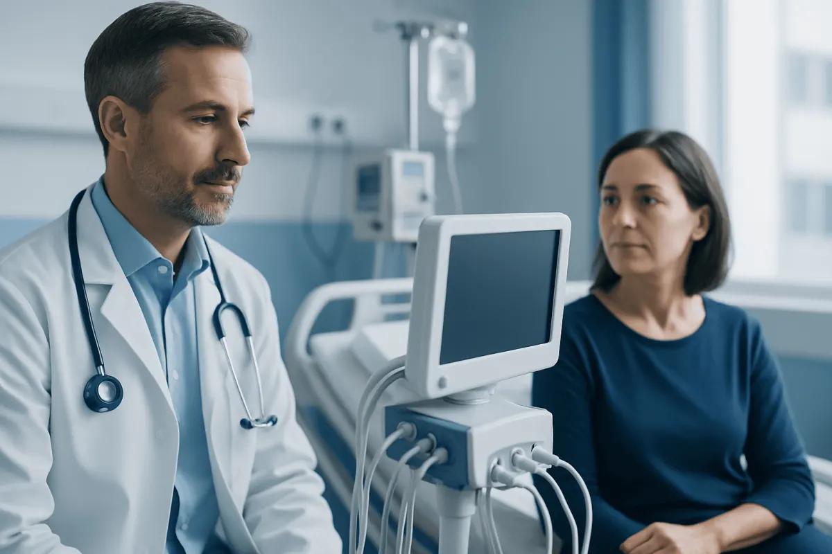Doctor consulting with patient in hospital room with medical equipment.