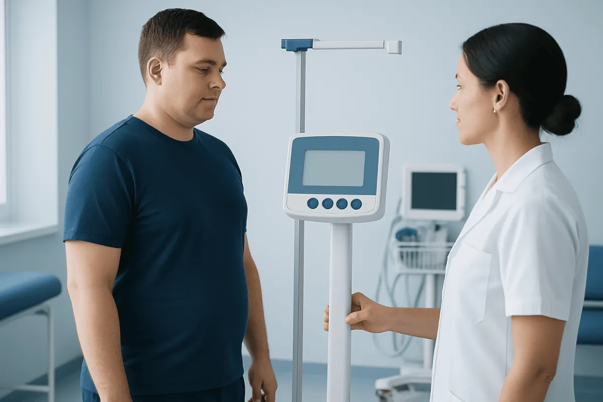 Male patient standing on a medical scale in a hospital room.