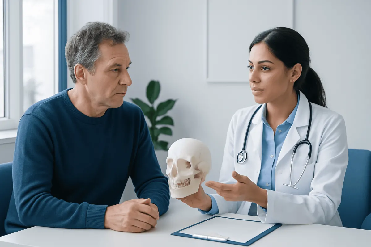 Dentist explaining jaw health to patient with skull model in clinic.