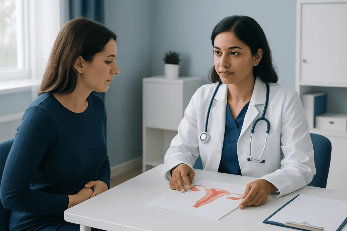 Gynecologist explaining ovarian cysts to patient in consultation room.