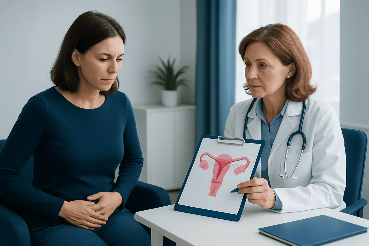 Doctor explaining ovarian health to patient with uterus diagram.