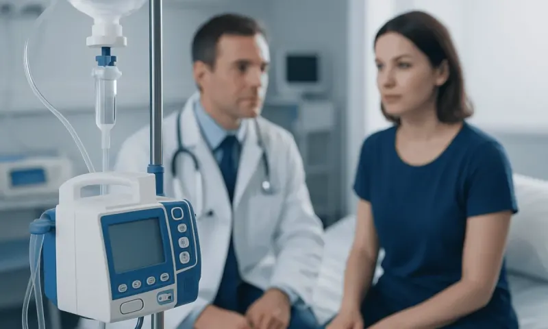 Doctor consulting patient in hospital room with medical equipment nearby.