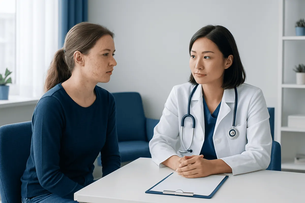 Doctor consulting with a female patient in a modern medical office.