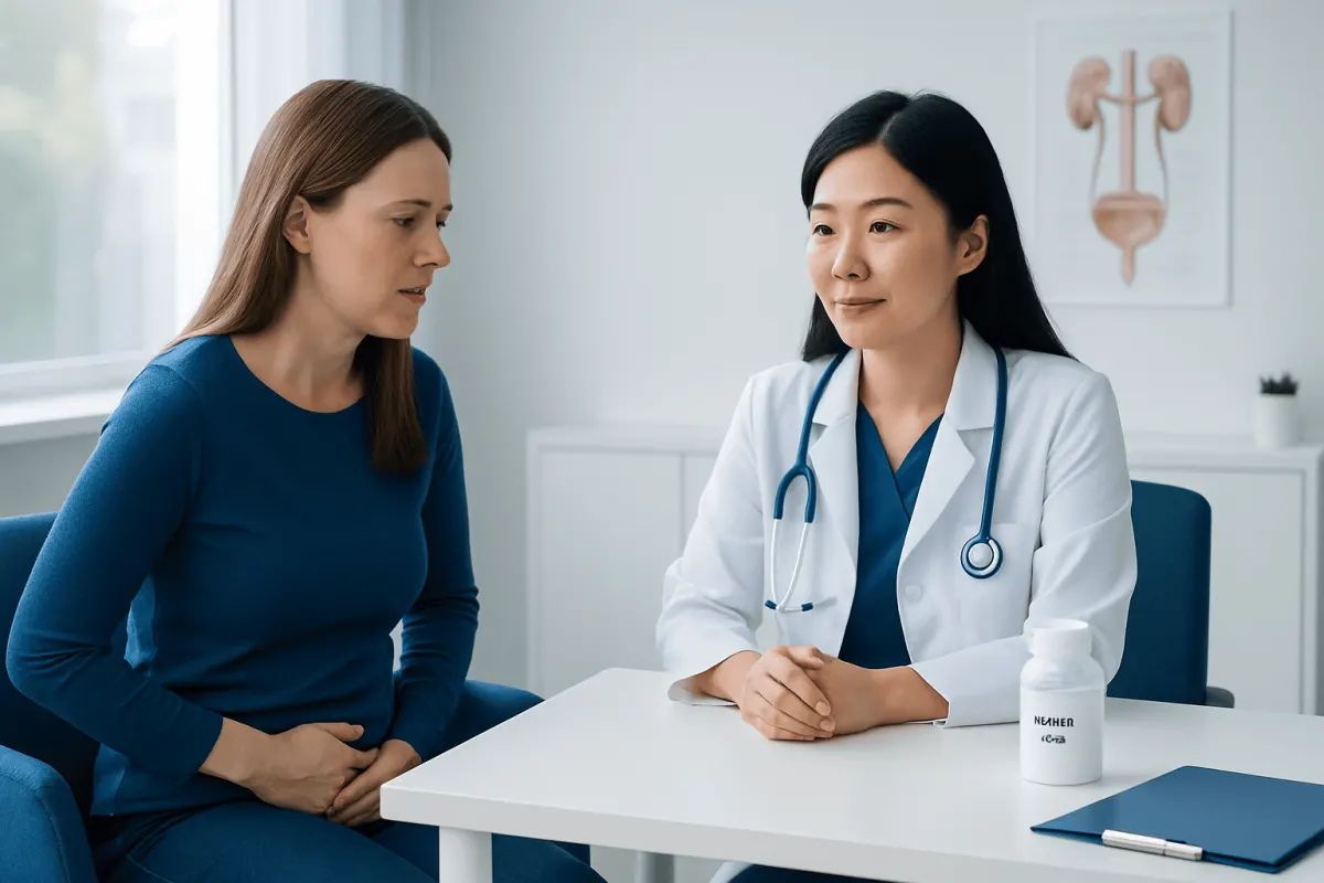 Doctor consulting a patient about urinary health in a clinical setting.