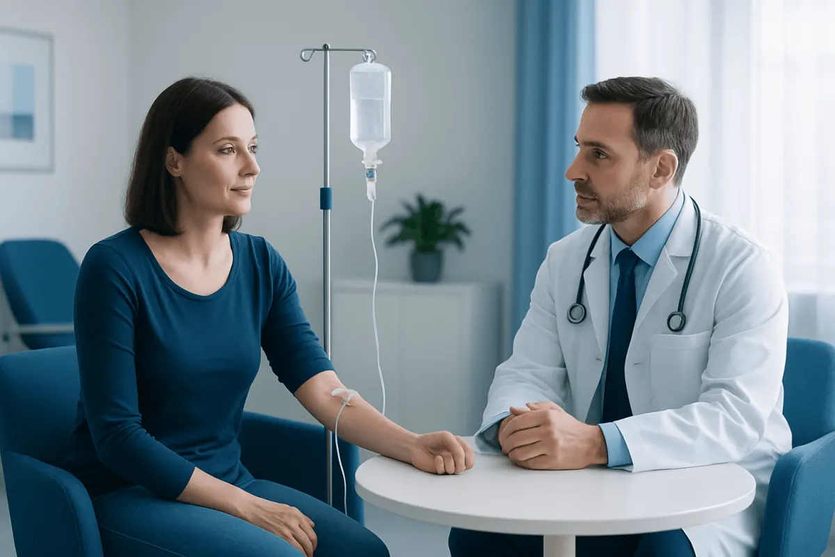 Patient receiving IV therapy in a hospital consultation room.