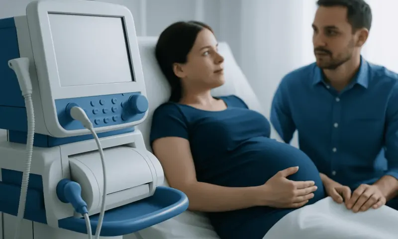 Pregnant woman in hospital with partner and ultrasound machine.