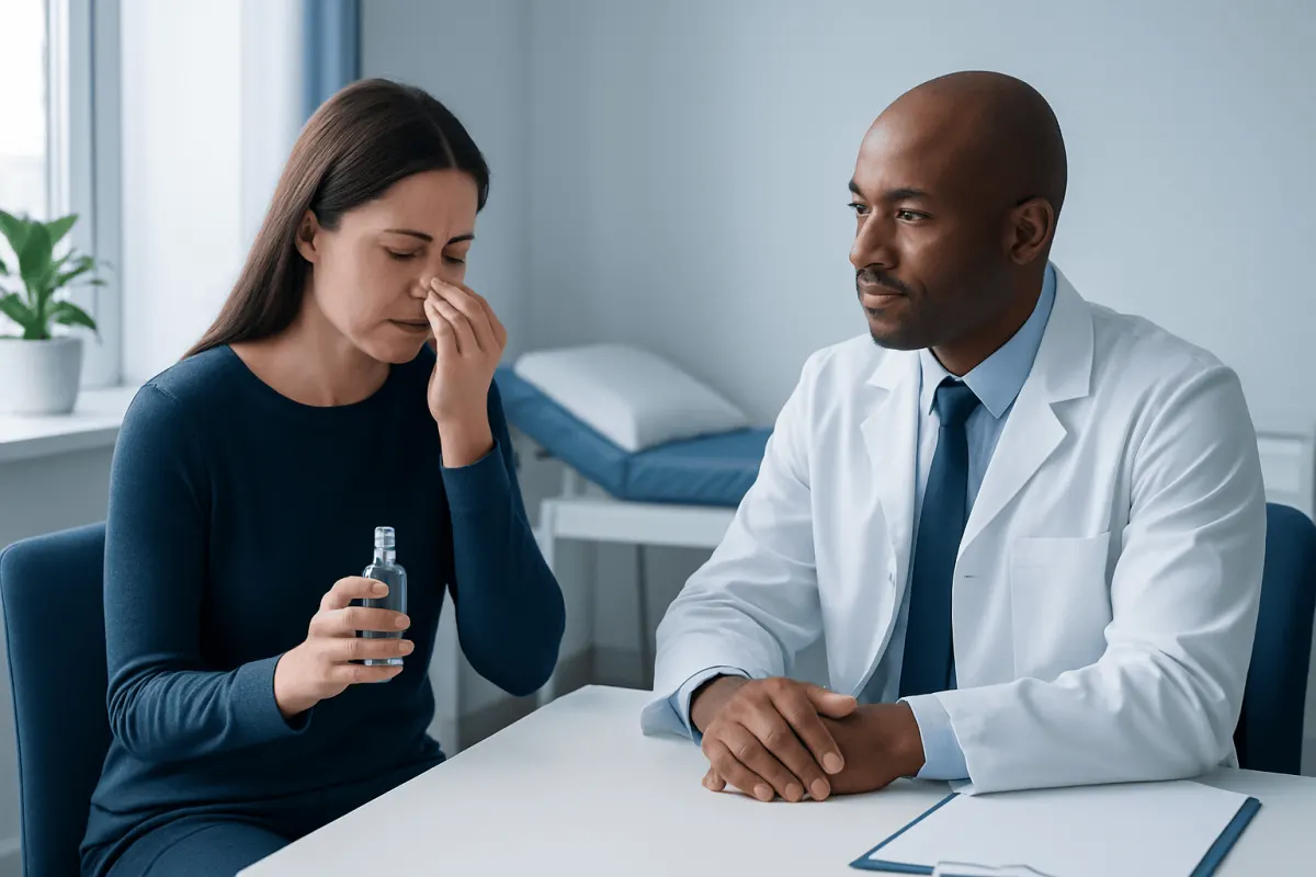 Patient experiencing allergic reaction to perfume during medical consultation.