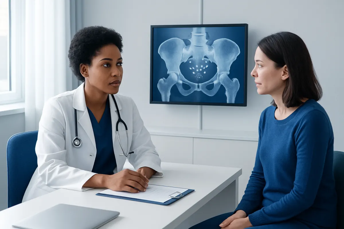 Doctor discussing pelvic X-ray with patient in medical consultation room.