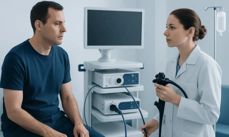 Doctor explaining colonoscopy procedure to patient in hospital.