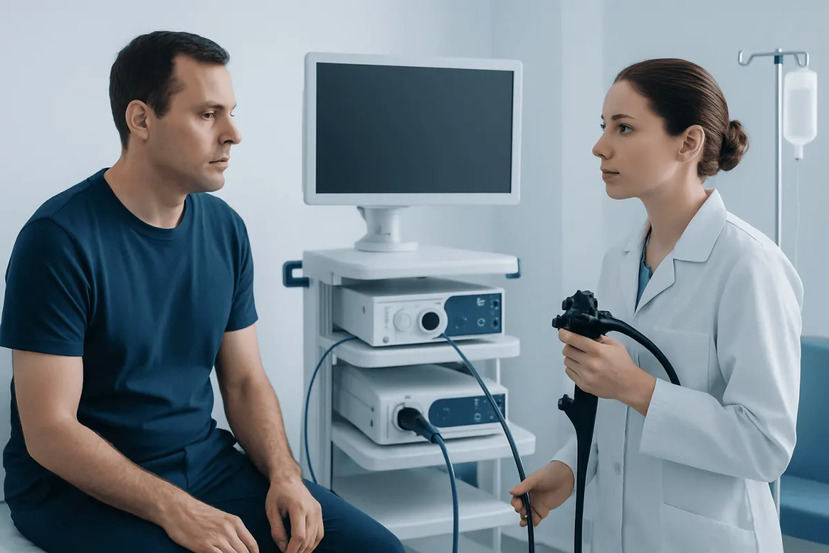 Doctor explaining colonoscopy procedure to patient in hospital.