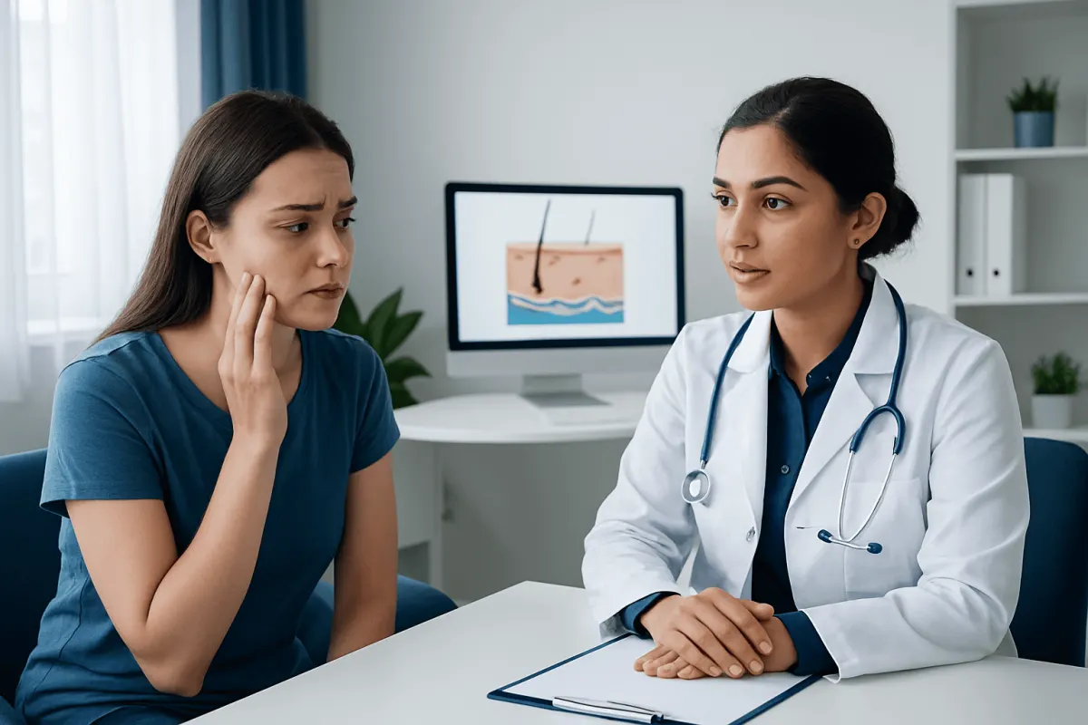Dermatologist consulting with patient about skin issues in clinic.