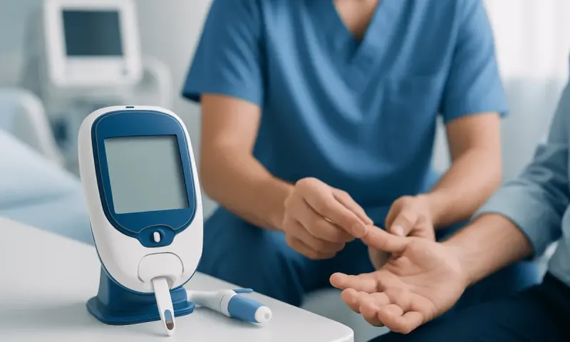 Diabetes management with blood glucose monitoring device in hospital setting.