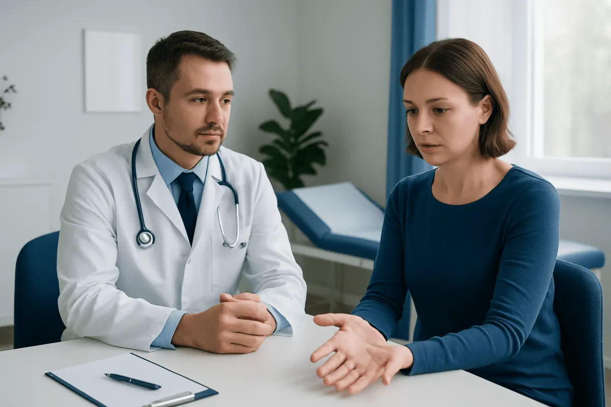 Doctor consulting with a female patient in a medical office setting.