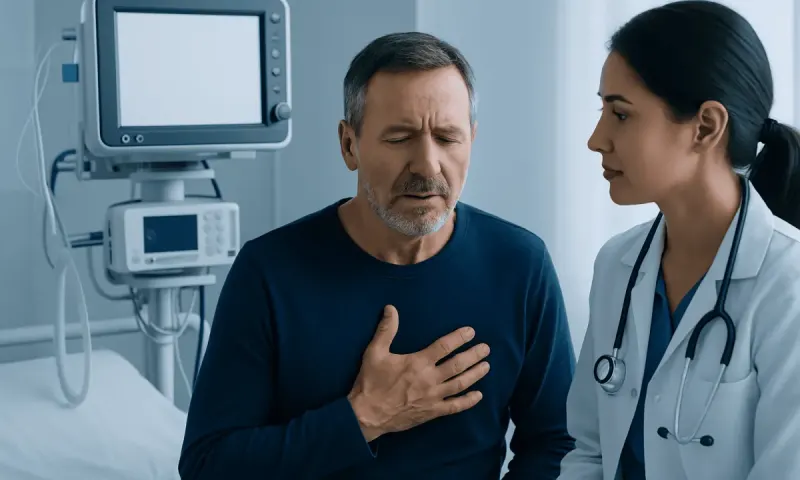 Patient experiencing chest pain with doctor in hospital setting.