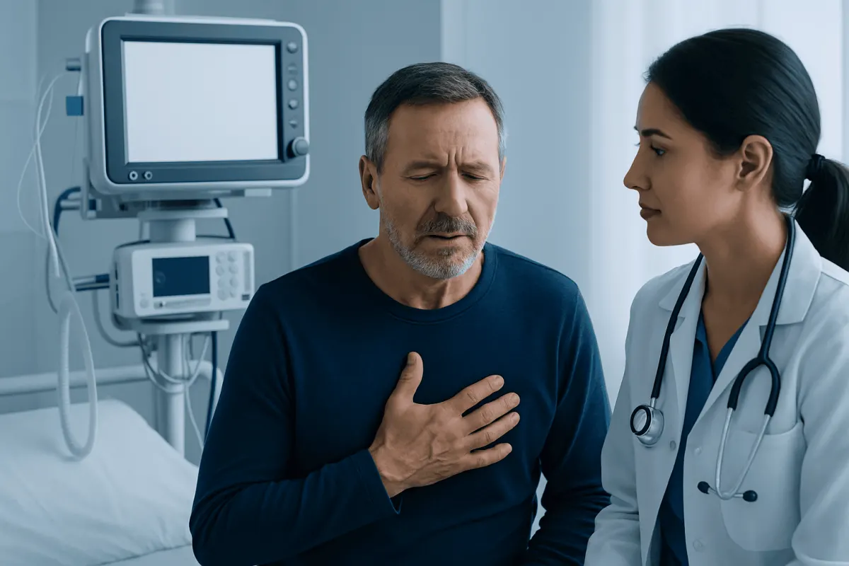 Patient experiencing chest pain with doctor in hospital setting.