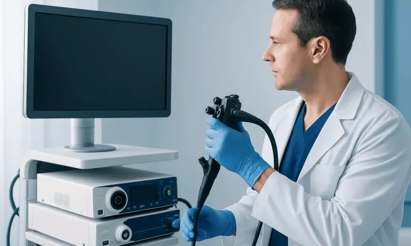 Doctor preparing for a colonoscopy with medical equipment and monitor.
